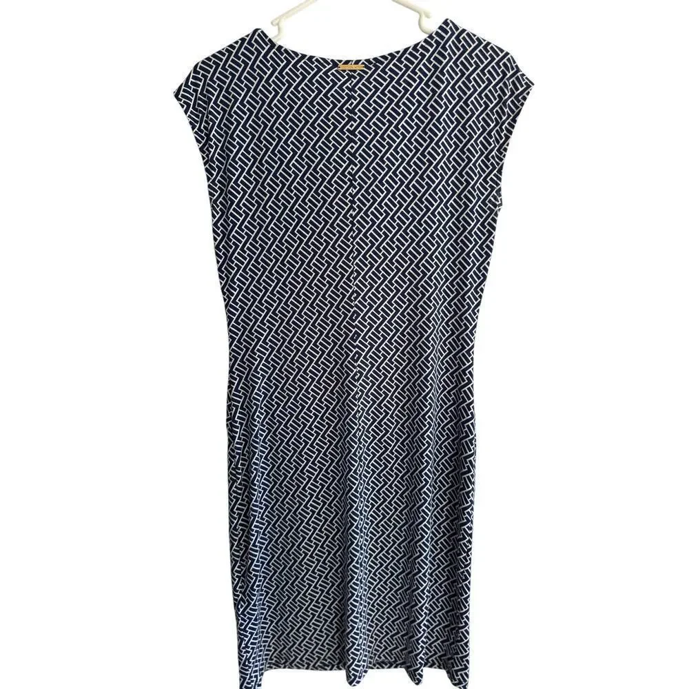 Michael Kors Navy and White Geometric Print Stretchy Cowl Neck Dress size Small